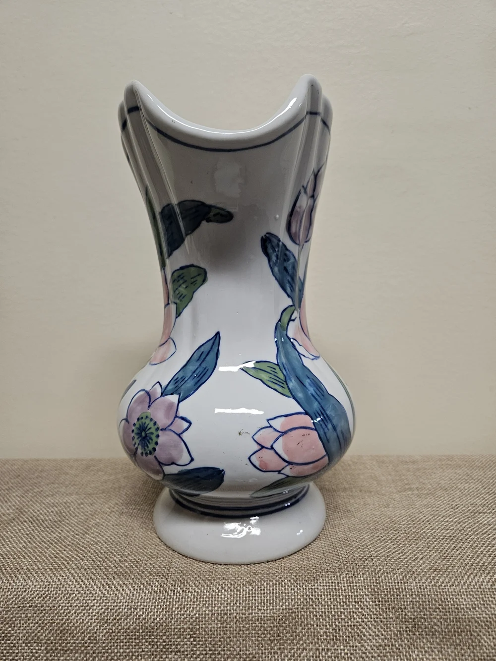 Vintage Hand-Painted Ceramic Floral Water Pitcher Vase
